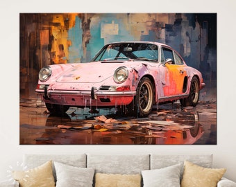 Pink Porsche Canvas Print // Vintage Pink Rustic Porsche Wall Art // Old Car Wal Decor // Cracked Rustic Sport Car Art