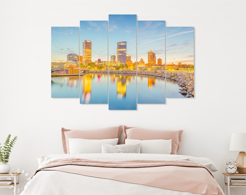 City Milwaukee Skyline Lake Michigan 5 Panel Canvas Print Wall Art Home Decor