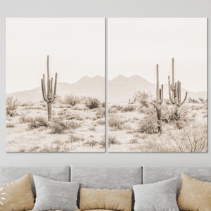 Arizona Desert Sepia Canvas Print // The Four Peaks and Saguaros // Central Arizona Desert // Farmhouse Wall Decor 2 Panels