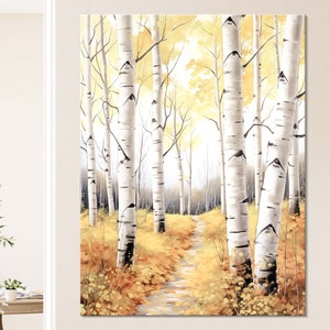 Birch Forest Canvas Print // Autumn Birch Grove with Yellow Leaves Canvas Wall Art