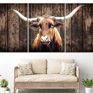 May include: A brown and white longhorn steer with large horns stands in front of a rustic wooden background. The steer is looking directly at the camera.