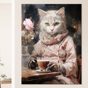Cat Lady Canvas Print: Abstract Cafe Art, Whimsical Wall Decor