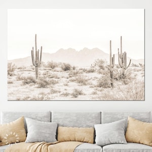 Arizona Desert Sepia Canvas Print // The Four Peaks and Saguaros // Central Arizona Desert // Farmhouse Wall Decor