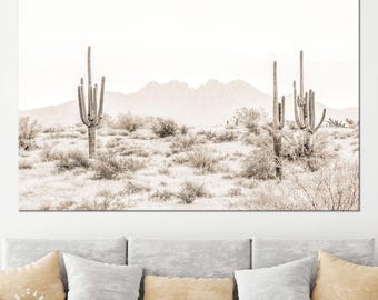 Arizona Desert Sepia Canvas Print // The Four Peaks and Saguaros // Central Arizona Desert // Farmhouse Wall Decor