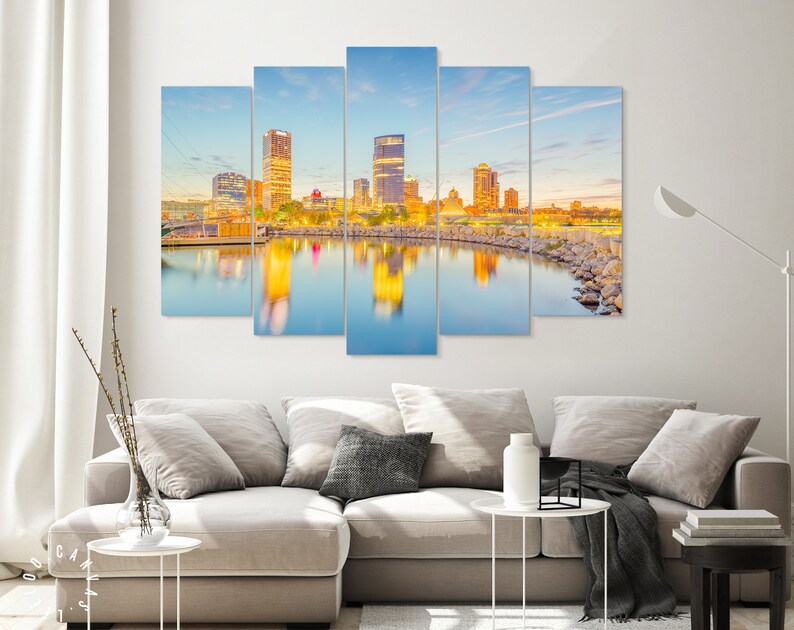 City Milwaukee Skyline Lake Michigan 5 Panel Canvas Print Wall Art Home Decor
