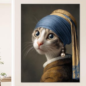 Cat with a Pearl Earring Canvas Print // The feline wears the iconic blue headscarf and pearl earring, gazing softly over its shoulder.