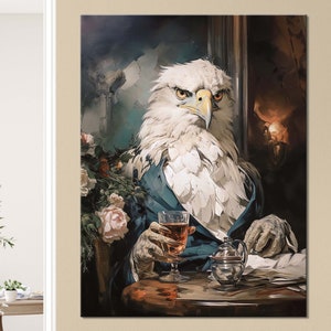 Eagle Gentleman Canvas Print // Eagle in the Cafe Abstract Art Painting Canvas Wall Decor