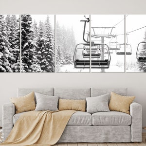 Ski Lift Extra Large Canvas Print // Snow Covered Spruce Trees and Ski Lift Along a Ski Slope // Black and White Canvas Home Decor
