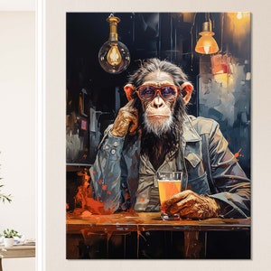 Chimpanzé Cavalheiro Impressão em Tela // Macaco Cavalheiro bebendo em um Bar Pintura de Arte Abstrata Decoração de Parede em Tela