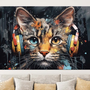 Dj Cat Canvas Print // Cat with Headphones Abstract Art Painting Canvas Wall Decor