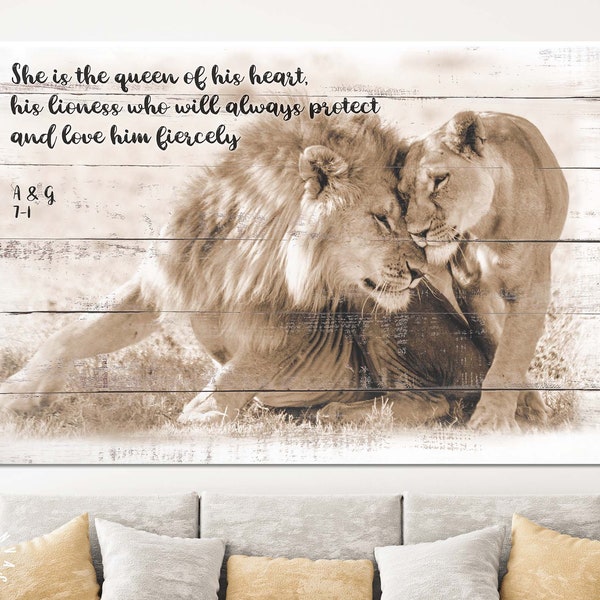 Lions in Love Sepia Canvas Print Message personnalisé // White Wood Texture Canvas Print Sepia// Lion Couple Sepia Wall Art