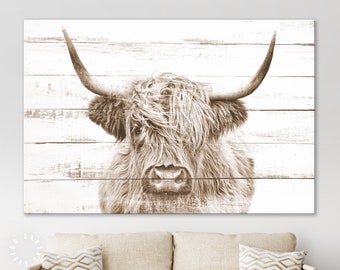 Highland Cow Sepia Canvas Print // Highland Cow White Wood Background Sepia Canvas Print // Vintage Wall Art // Farmhouse Wall Decor