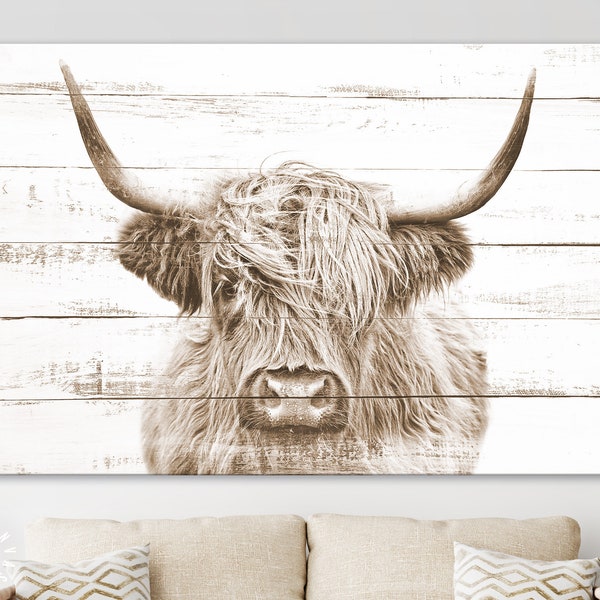 Highland Cow Sepia Canvas Print // Highland Cow White Wood Background Sepia Canvas Print // Vintage Wall Art // Farmhouse Wall Decor