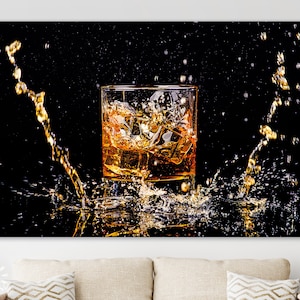 Whiskey Canvas Print // Shot Of Whiskey With Splash // Bar Wall Decor // Man Cave Wall Art
