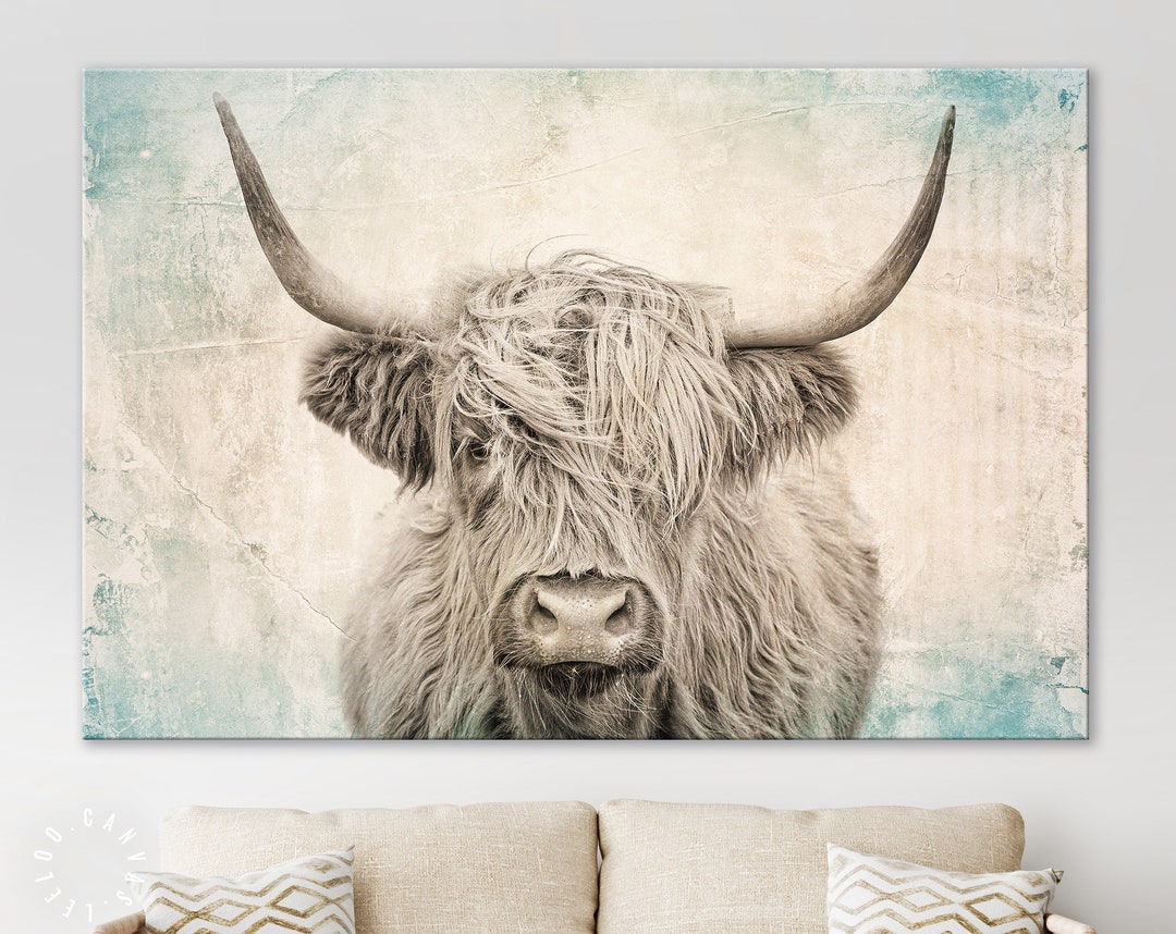 Vintage Highland Cow Canvas Print Highland Cow Old Wall Background Canvas Print Vintage Wall Art Farmhouse Wall Decor Etsy UK