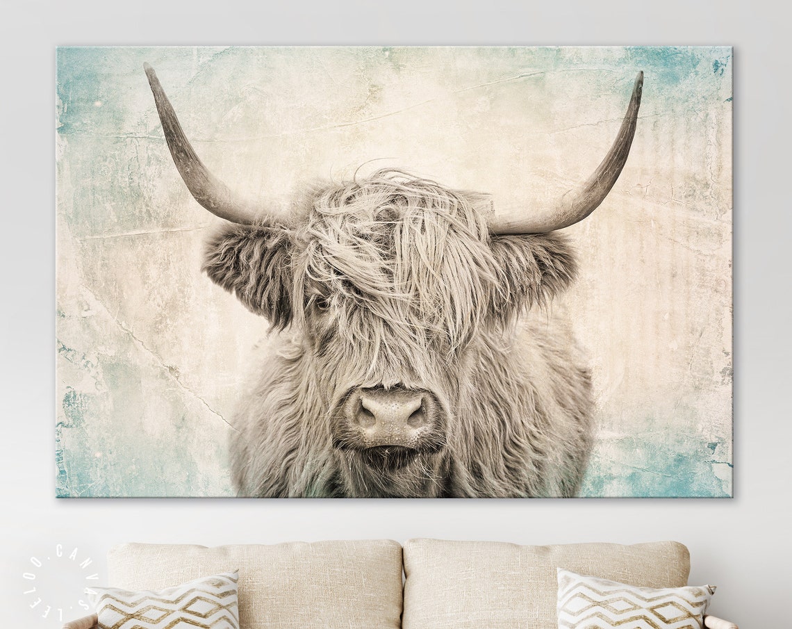 Vintage Highland Cow Canvas Print // Highland Cow Old Wall Etsy