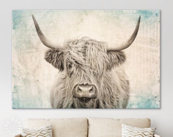 Impresión de lienzo de vaca de las tierras altas vintage // Impresión de lienzo de fondo de la pared vieja de la vaca de las tierras altas // Arte de pared vintage // Decoración de la pared de la granja