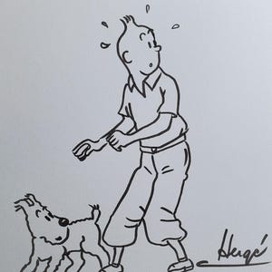 Vintage Tintin Ink Drawing: Hergé Comic Art, Snowy