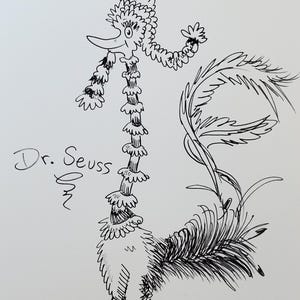 Ilustración en tinta, arte de personajes de Seuss, pájaro, correcaminos, dibujo en tinta sobre papel, ilustración artística, dibujos artísticos del Grinch con el Gato ensombrerado
