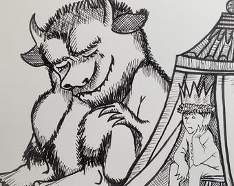 Where the Wild Things Are Ink Drawing, Sendak Illustration Art