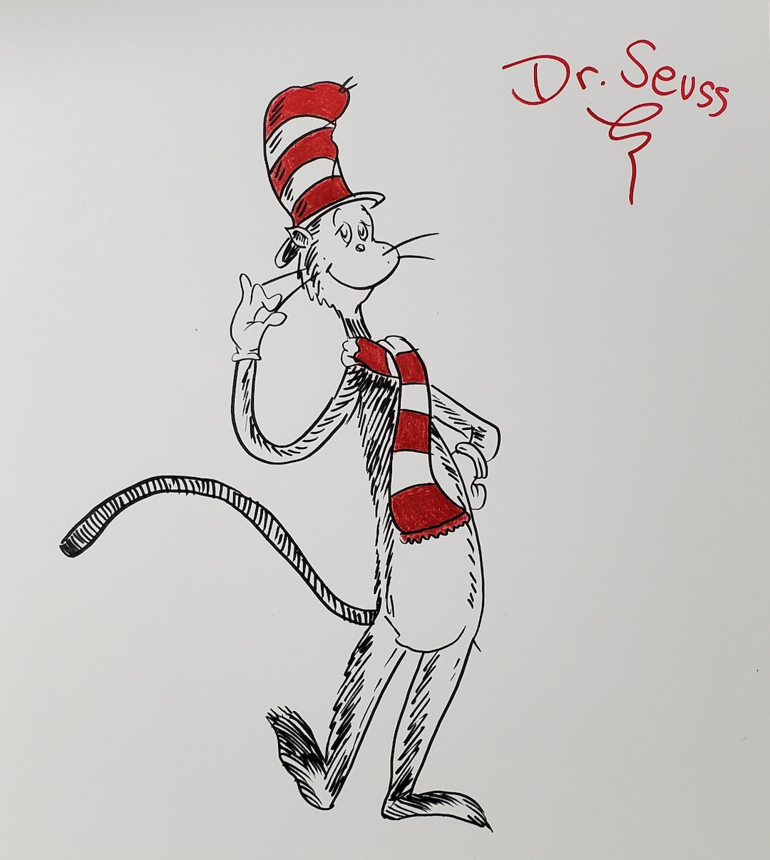 Cat in the Hat Drawing Dr Seuss Character Art Color Drawing on Paper