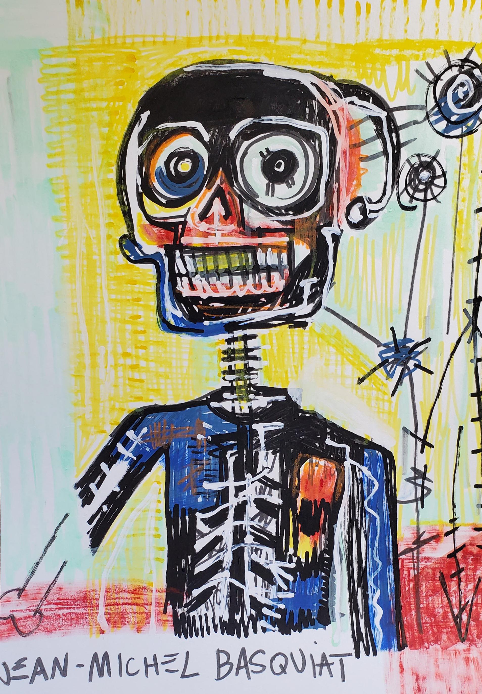 Basquiat-style Skull Drawing: Mixed Media Art Collectible on Paper
