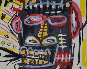 Jean-michel Basquiat Skull Drawing: Mixed Media Graffiti Art