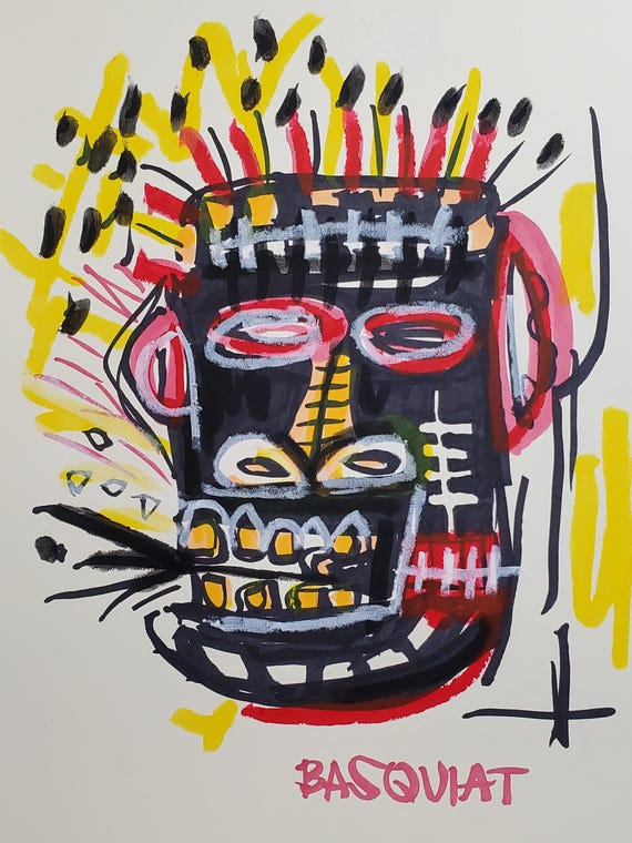 アート・デザイン・音楽 JEAN-MICHEL BASQUIAT DRAWINGS Jean-michel Basquiat Skull Drawing: Mixed Media Graffiti Art
