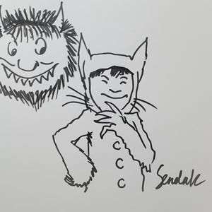 May include: Black and white illustration of characters from "Where the Wild Things Are." The image features a monster and Max in his wolf suit. The artist's signature, "Sendak," is visible in the lower right corner.