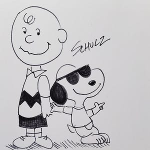 スヌーピーとチャーリー・ブラウンのインク画、ピーナッツのイラスト
