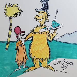 Farbe Seuss Charakter, Cartoon Zeichnung auf Papier, Ink Illustration, Kunst Kunstwerk, Katze mit Hut, Der Grinch, Farbzeichnung Seuss Art