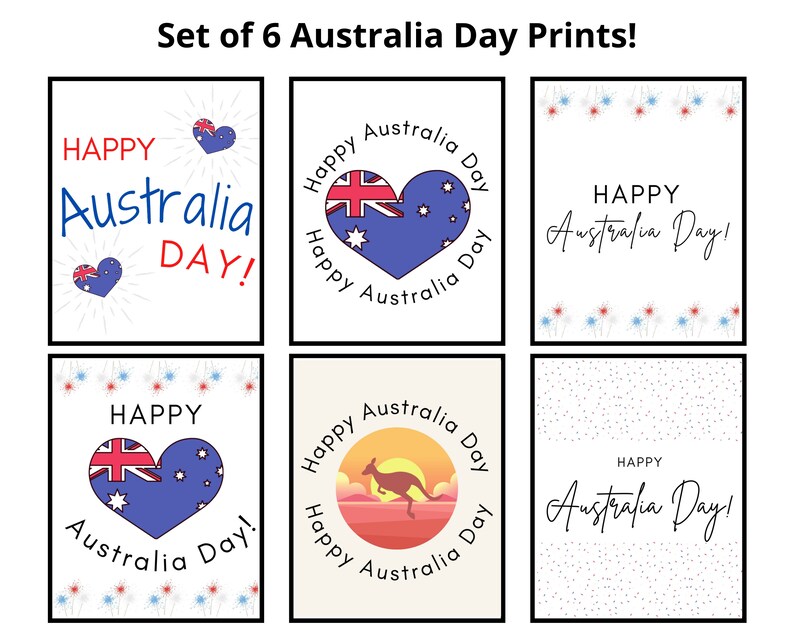 K&ouml;nnte beinhalten: Satz von sechs druckbaren Karten mit verschiedenen Designs zur Feier des Australia Day. Jede Karte zeigt den Text "Happy Australia Day!" und ein anderes Design, darunter ein Herz mit der australischen Flagge, ein K&auml;nguru und Feuerwerk.
