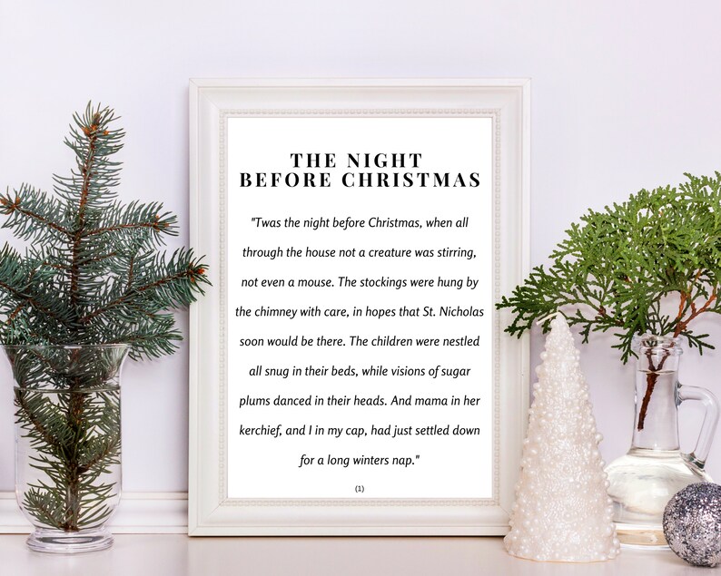 May include: A white framed print with black text featuring the poem "The Night Before Christmas". The poem is set against a white background and the text is centered on the page. The poem is a classic Christmas poem about the night before Christmas.