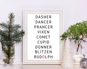 Rentier Namen Printable | Weihnachtsschmuck | 9 Rentier Namen Zeichen | Niedliches Rentier Schild | Weihnachten Rentier Dekor | Sofort Download