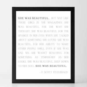 She Was Beautiful Print F Scott Fitzgerald Quote Famous Quotes Print Decor Minimalist Print Typography Print Feminist Prints image 1