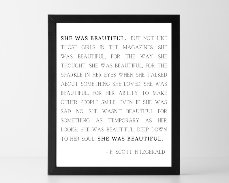 She Was Beautiful Print F Scott Fitzgerald Quote Famous Quotes Print Decor Minimalist Print Typography Print Feminist Prints image 1