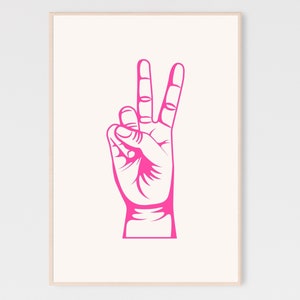 May include: A pink peace sign hand gesture illustration.