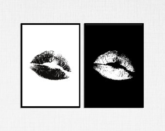 Glamouröse Printable, Set aus zwei Drucke, schwarz und weiß Lippen, Lippen Druck, Lippen Wand Dekor, Mode Wand Dekor, Mode Druck, Make-up Druck