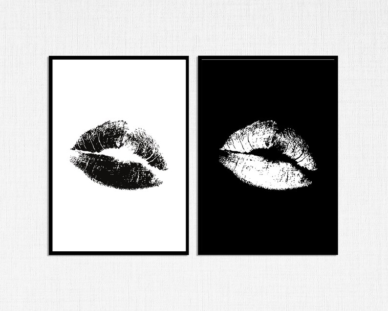 Glamorous Printable Set of Two Prints Black and White Lips Etsy