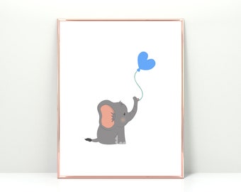 baby elephant blue balloon, baby boy nursery prints, boy nursery decor, baby elephant printable, baby safari animal nursery printable