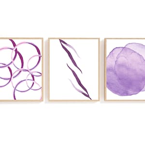 Conjunto de 3 imprimibles, impresiones de pared abstractas púrpuras, imprimibles de carteles abstractos, conjunto de 3 impresiones de acuarela, póster abstracto púrpura, arte de pared