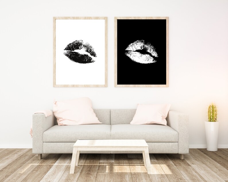 Glamorous Printable, Set of Two Prints, Black and White Lips, Lips Print, Lips Wall Decor, Fashion Wall Decor, Fashion Print, Makeup Print image 2