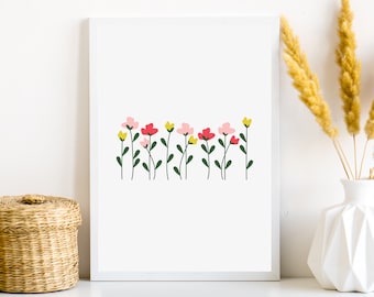 Floral Prints, colorful floral print, simple floral decor, floral poster, flower wall art, digital download spring decor, Flowers in a line