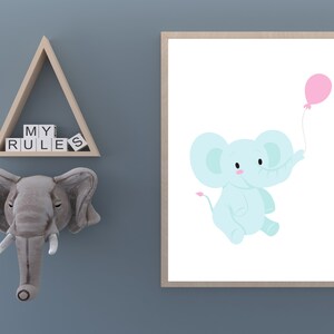 Baby Elephant Print, Pink Balloon Printable, Pink Nursery Decor, Baby ...
