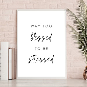 Może przedstawiać: Biała ramka z czarnym tekstem, który brzmi "Way too blessed to be stressed".