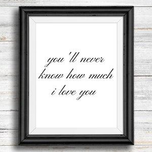 May include: Black framed picture with a white background and the text "you'll never know how much i love you" written in black cursive.