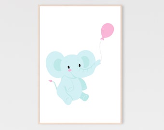 baby elephant print, pink balloon printable, pink nursery decor, baby girl nursery wall art, baby girl decorations, baby animal printable