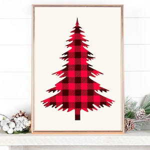 red christmas tree print, plaid christmas decorations, plaid printable, christmas prints, Christmas wall art, instant download, red print