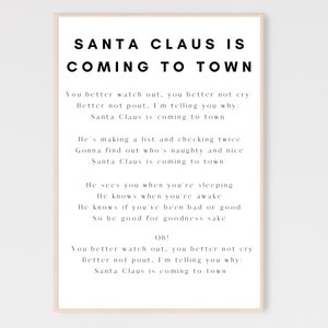 K&ouml;nnte beinhalten: Schwarz-wei&szlig;es druckbares Wandbild mit den Texten des Weihnachtsliedes "Santa Claus is Coming to Town".