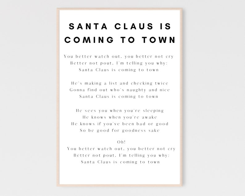K&ouml;nnte beinhalten: Schwarz-wei&szlig;es druckbares Wandbild mit den Texten des Weihnachtsliedes "Santa Claus is Coming to Town".